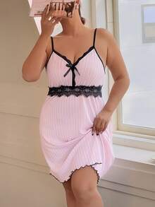 SHEIN 大码女士针织提花蕾丝吊带睡裙 - 粉色 - 查看 4