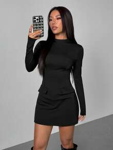 SHEIN PETITE 高领收腰修身A字长袖休闲宽松通勤复古迷你连衣裙,适合秋冬季女性,黑色长袖连衣裙,优雅黑色连衣裙,黑色职业装,修身黑色连衣裙,秋季 - 黑色 - 查看 9