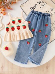 两件套女童草莓荷叶边吊带背心和草莓刺绣口袋牛仔裤套装，夏季度假装 - 杏色 - 查看 4