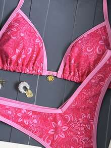 Swim Mod 2件套女士随机印花细肩带高衩比基尼泳衣套装，夏季海滩度假 - 彩色 - 查看 5