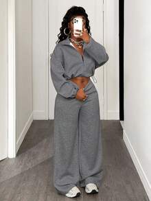 BamGleam Bộ 2 món áo và quần trơn màu thường ngày dành cho nữ, Thu/Đông - Màu xám đen - Xem 3