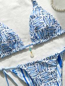 Swim Mod Springbreak Women's Random Print Halter Seashell Pendant Sexy Bikini Swimsuit Set, Summer Beachwear - Multicolor - View 4