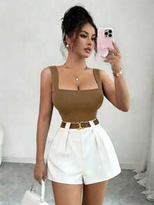 GlowEve 2026 New Spring/Summer French Chic Fashion Design Brown Camisole Square Neck Fitted Slim Tank Top + Elastic Waist White Wide Leg Shorts 2 Piece Casual Vacation Outfit For Women - Multicolor - View 2