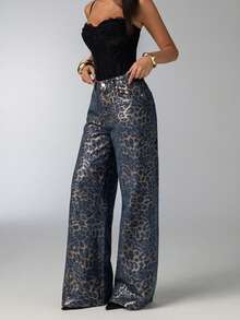 Aloruh Women's Leopard Print Pocket Button Casual Versatile Daily Wear Wide Leg Jeans - Blue - View 6