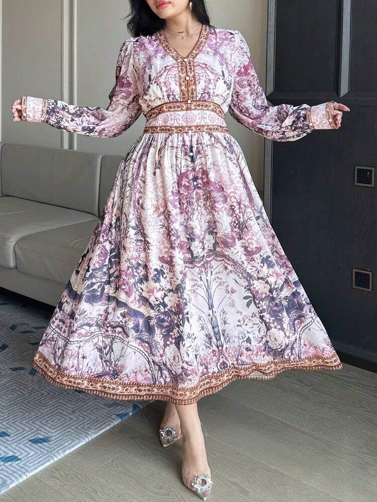 Dazy Plus Floral Print V-Neck Waist Cinched Elegant Plus Size Long Sleeve Dress Maxi Dress Sundress Boho Vacation Outfits Women