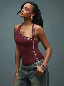 Hauture Women's Sexy Boho Studded Embellished Sleeveless Tank Top - Burgundy - View 4