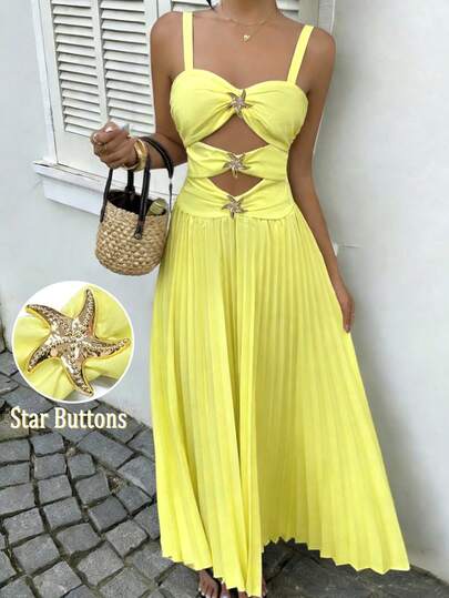 SHEIN Holidaya Vestido plisado elegante y sexy de color verde con diseño hueco, botón de metal con forma de estrella de mar. Diseño versátil para fiestas, reuniones y salidas en primavera y verano. Vestido para mujer para citas, fiestas, discotecas, calles, Halloween, San Valentín, cumpleaños, invitada de boda, elegante, concierto country.