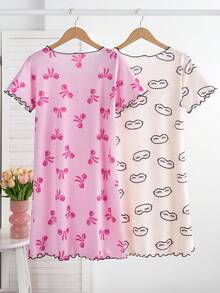 2pcs Girls Knitted Butterfly Print Nightgown, Summer - Multicolor - View 2