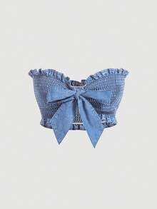 SHEIN MOD Sexy Ultra-Short Tight-Fitting Women's Denim Bandeau Top, Blue - Light Wash - View 1