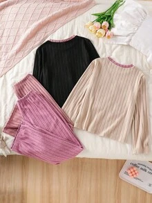 Bộ đồ ngủ cho bé gái tuổi teen - Bộ 2 món: Áo dài tay cổ tròn và quần dài, họa tiết trái tim và nơ, chất liệu gân, màu hồng, đen, be, ấm áp, thích hợp mặc nhà trong kỳ nghỉ lễ 2026, không thể thiếu trong mọi mùa. - Nhiều màu - Xem 2