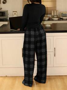 女士复古休闲INS格子印花舒适纽扣睡衣套装 - 黑色 - 查看 2