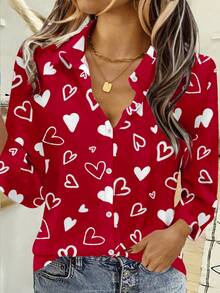 EMERY ROSE Plus Size Women Casual Long Sleeve Turndown Collar Button-Up Shirt Spring - Red - View 1