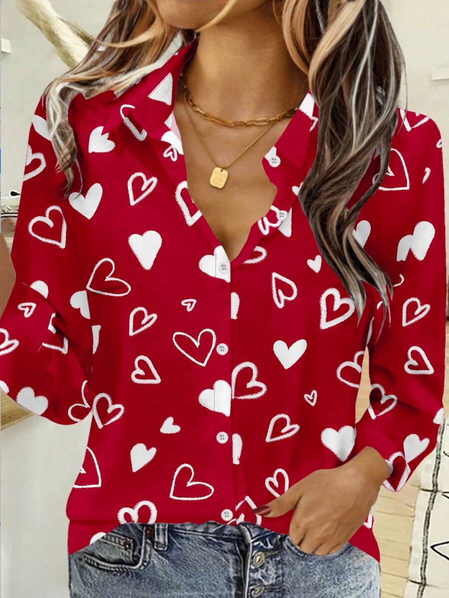 EMERY ROSE Plus Size Women Casual Long Sleeve Turndown Collar Button-Up Shirt Spring - Red - View 1