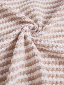 Freevana Boho White Striped Cold-Shoulder Top For Women,Summer Casual Drawstring V-Neck Puff Sleeve Sheer Knit Blouse,Vacation Holiday Tie Up Cropped Tee Shirt - Beige - View 8
