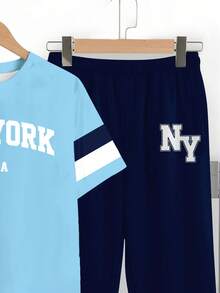 男童休闲简约时尚经典Y2K风67款美式复古运动宽松舒适百搭圆领短袖T恤裤套装 - 彩色 - 查看 5