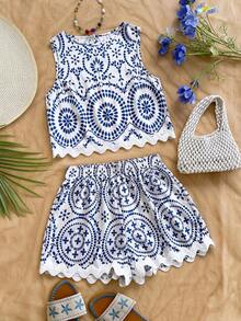 Soleia Conjunto de 2 piezas de top de tirantes estampado y shorts casuales para mujer, de verano - Multicolor - Ver 5