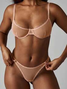 MISSGUIDED Mesh Underwired Set For Women Sheer Bralette With Matching Panties Intimate Lingerie Collection Transparent Delicate Lace Trim Night - Dusty Pink - View 4