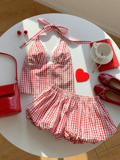 Comfortcana 2pcs Women Contrast Lace Plaid Halter Top And Ruffle Hem Shorts Set