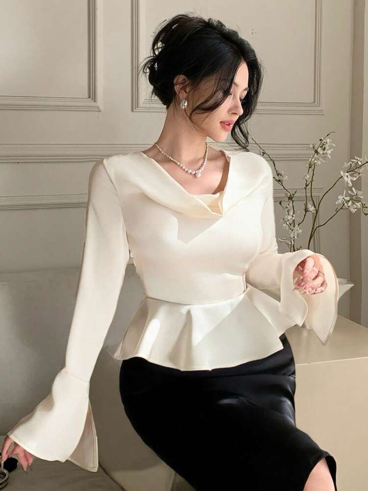 Spring/Summer White Blouse With Draped Collar, Flared Sleeves, Ruffle Trim, Suitable For Valentine's Day, Wedding, Party, Formal Events, Elegant Slim Fit Long Sleeve Women's Shirt