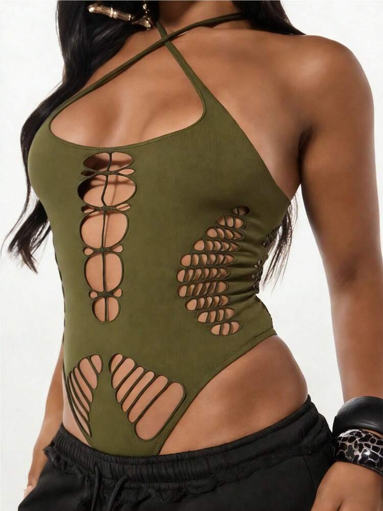 SUMWON WOMEN Halter Cutout Bodysuit With Lace Up Details