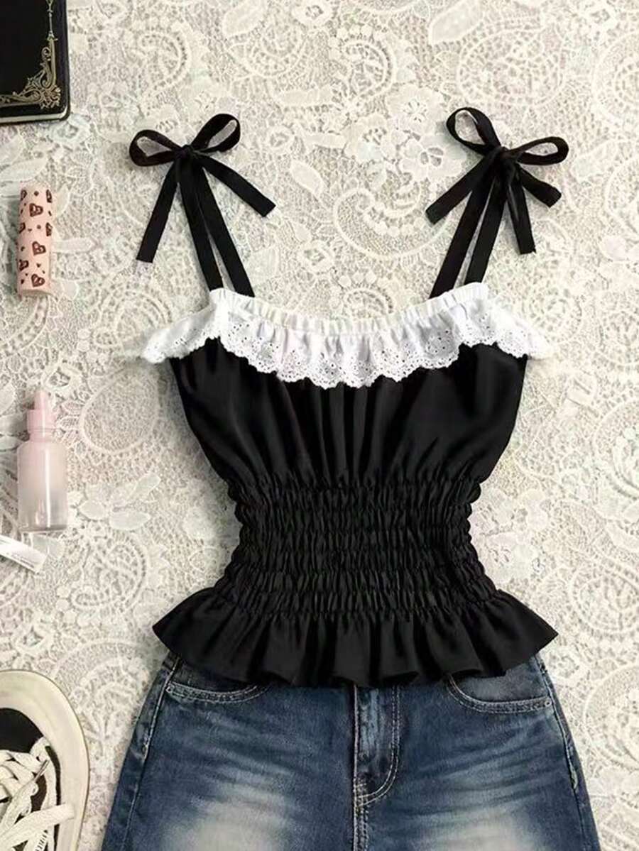 SHEIN 女士拼接彩色刺绣荷叶边设计时尚百搭休闲上衣 - 黑色 - 查看 1