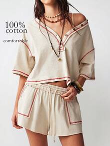 Bohemela Bộ 2 món áo và quần short dệt kim màu trơn dáng rộng dành cho nữ, kiểu dáng thường ngày. - Màu be - Xem 3