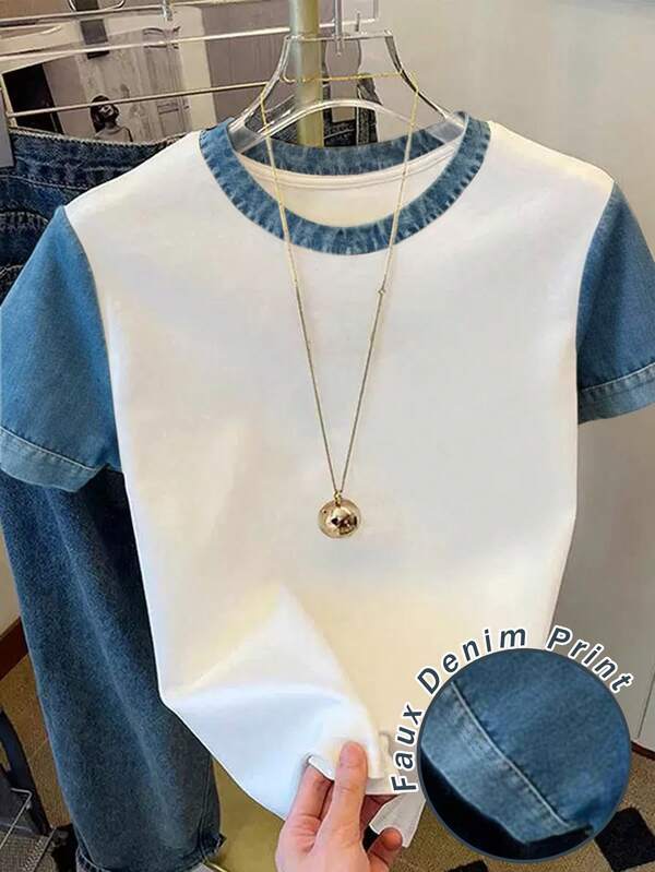 Resyla Color-Blocked Denim Effect Women's White T-Shirt, Perfect For Summer, Fashion T-Shirt, Stylish T-Shirt, Gift For Siblings, Gift For Sisters, Gift For Mom, Mother's Day Gift, Casual Yet Fashionable Top