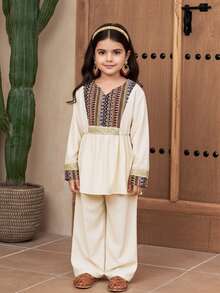 SHEIN Set di camicia a maniche lunghe e pantaloni a gamba dritta per ragazze, abbigliamento tradizionale del Medio Oriente, adatto per festival e occasioni - Cachi - Visualizzare 4