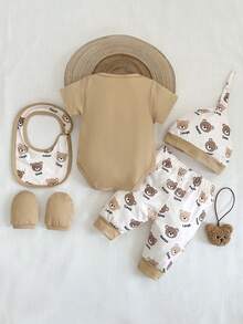SHEIN 5pcs/Set Newborn Baby Boy Summer Outfit, Includes Cute Bear Print Knit Soft Romper, All-Over Print Pants, Hat, Bib, Gloves - Khaki - View 2
