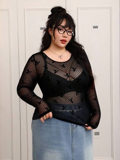 CovetEZ Plus Size Women's Sheer Polka Dot Print Crew Neck Sexy Long Sleeve Top Spring
