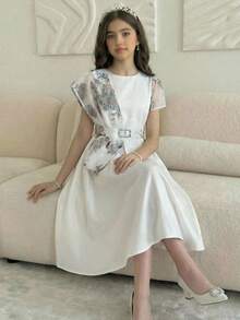 SHEIN Elegante vestaglia lunga vintage per ragazze adolescenti, adatta per le vacanze primaverili/estive, ispirata allo stile arabo mediorientale, con colletto alla coreana - Bianco - Visualizzare 2
