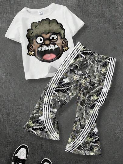 两件套男童休闲时尚经典酷炫卡通印花圆领短袖T恤搭配喇叭条纹针织裤套装，适合夏季、街头风、返校季穿着。