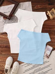 SHEIN 3件套少女针织碎花露肩休闲T恤套装 - 彩色 - 查看 2