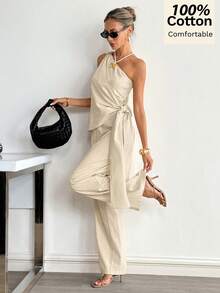 Siren Gaze Bộ trang phục nữ bằng cotton, kiểu dáng thường ngày, lệch vai, có khóa kim loại. - Màu be - Xem 1