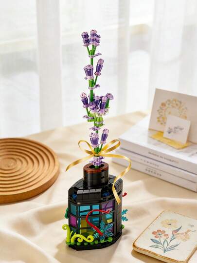 MINKOJA 304 PCS Educational Flower Art Building Blocks Set, Light-Up Lavender Magic Drift Bottle With Game Console