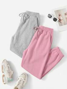2 Pcs Elastic Waist Drawstring Sweatpants With Slanted Pockets - Multicolor - View 4