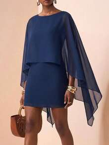 SHEIN Veneréa 藏蓝色蝙蝠袖露背优雅女士迷你连衣裙 - 藏蓝色 - 查看 3