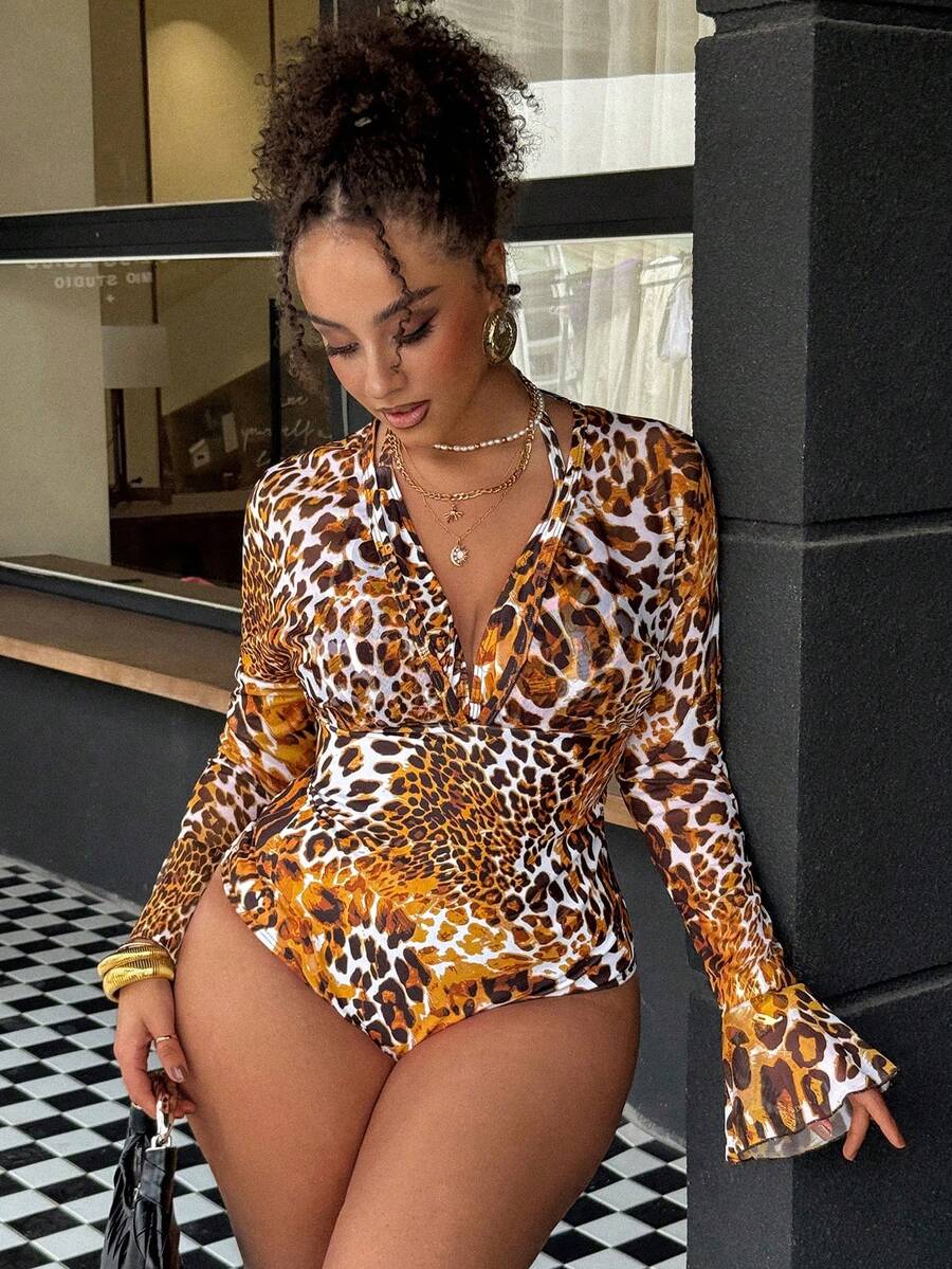 Swim Vcay Plus Size Women's Sexy Deep V-Neck Leopard Print Backless One-Piece Swimwear, Suitable For Beach Vacation - Multicolor - View 1