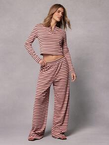 SHEIN Haute Women's Striped Print Casual Pants - Multicolor - View 4