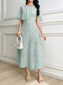 Modelyn 女士优雅浪漫修身提花中长连衣裙，日常穿着 - 淡綠 - 查看 3