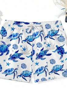 SHEIN Tween Boy Casual Loose Printed Beach Pants, Suitable For Summer, Beach, Outdoor, Swimming, Classic Cool Gradient Turtle, Coral Pattern Print - Multicolor - View 5