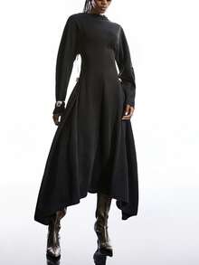 LYSMO 女士纯色不对称下摆连衣裙，适合通勤。 - 黑色 - 查看 3