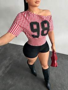 SHEIN SXY Asymmetric Collar Red & White Plaid Numeric Print Top,Carnival,Party,Rave Outfit ,Summer, Spring,Beach,Going Out,Y2K,Red , Plaid - Multicolor - View 4