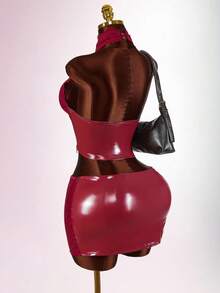 Amplova Women's Sexy 2 Pieces Set: Criss-Cross Lace Crop Top And Ultra Low-Waist Lace Patchwork Mini Skirt - Burgundy - View 7