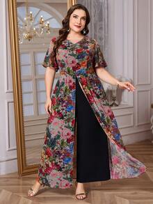 Reflora Damen Große Größen Blumenmuster V-Ausschnitt Rüschen Kurzarm Weites Bein Jumpsuit, Schwarz, Sommer, Elegant, Formal, Abend, Hochzeitsgast Bohemian Strand Outfits - Verschiedenfarbig - Übersicht 7