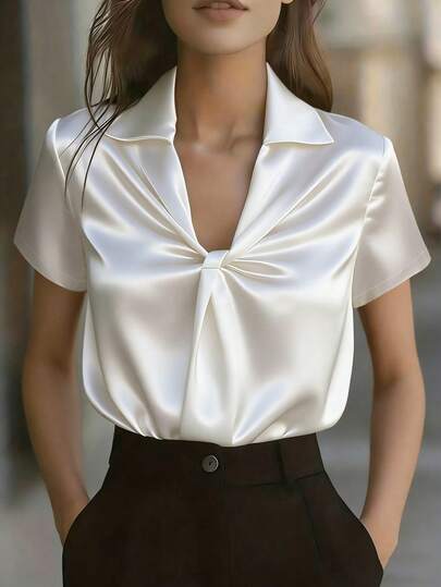 Ellegaria. Women's New Satin Shiny Office/Commute Elegant Short Sleeve Blouse, Shirt Collar, Front Pleated Decor, Slim Fit