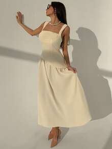 Aloruh 简约通勤棕色吊带褶皱拼接A字连衣裙（女款） - 深棕色 - 查看 9