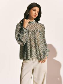 Poéselle 女士时尚休闲几何印花立领衬衫 - 綠色 - 查看 5