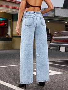 Jeanoix Women's Y2K Casual Everyday Commute Patchwork Design Distressed Loose Wide-Leg Jeans - Light Wash - View 2