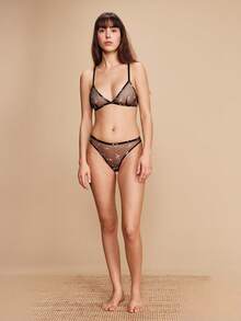 lacRébo 黑色薄纱花卉刺绣文胸，配同款内裤 - 黑色 - 查看 4